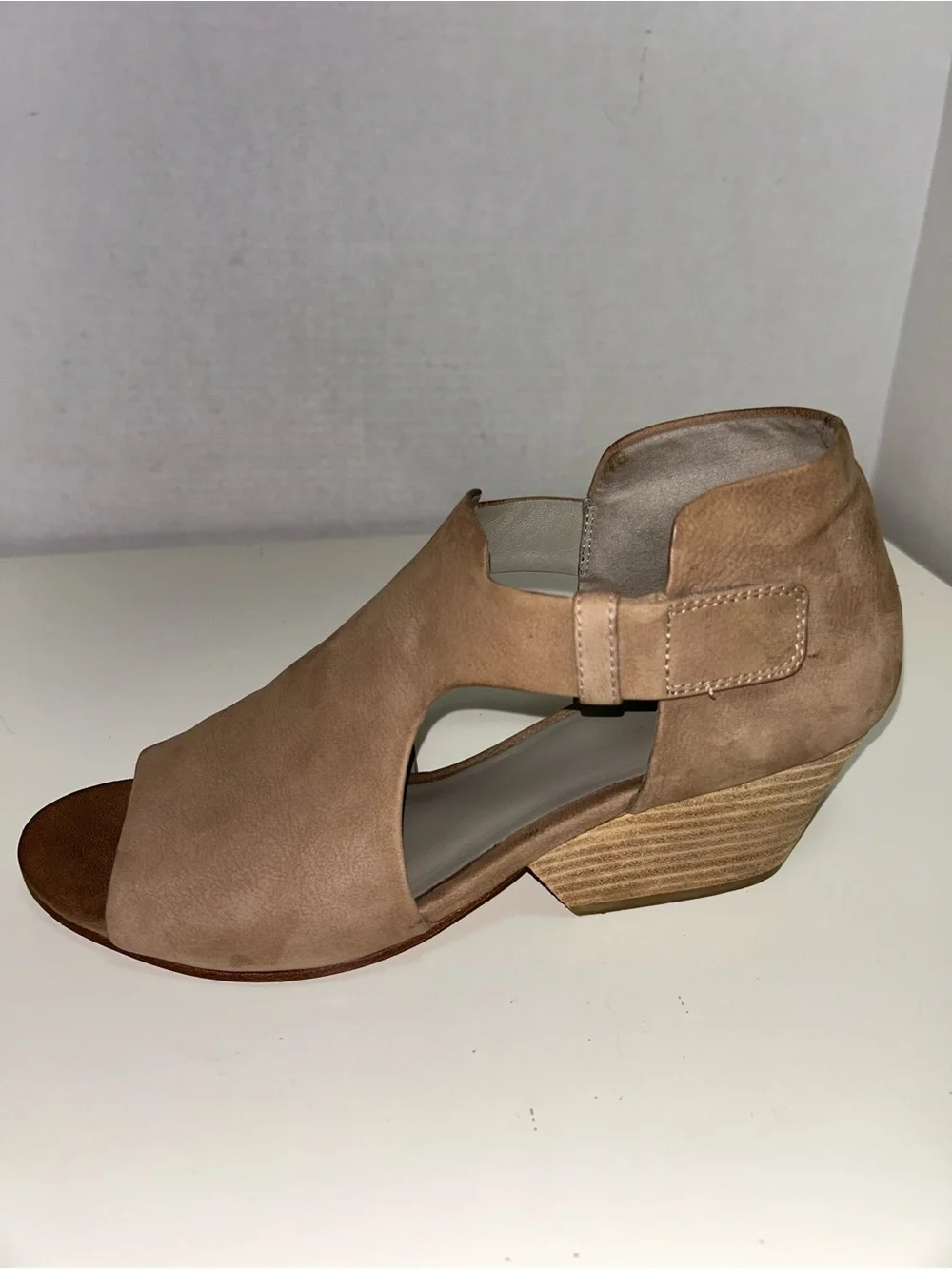Eileen Fisher Tan Nubuck Peep Toe Cutout Wedge Heel Bootie Sandal